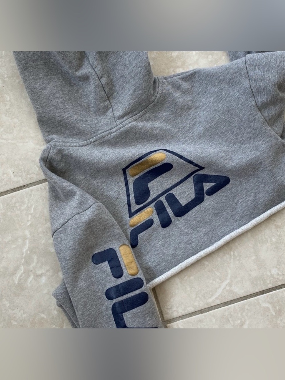 FILA Crewneck Cropped Hoodie with Navy and Gold Sleeve Logo